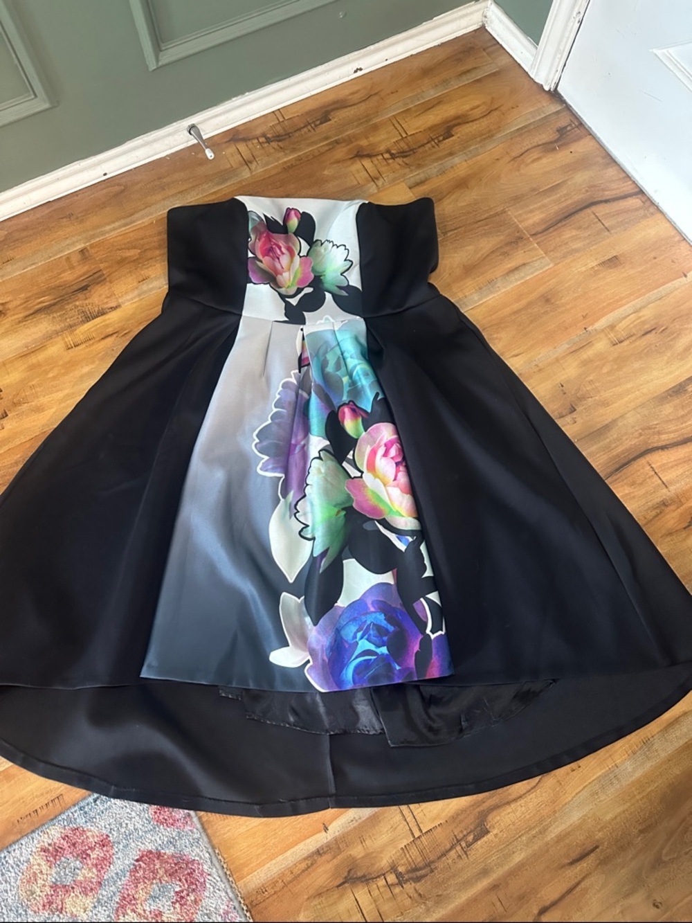 City Chic Strapless Black Dress with Pink & Teal Floral Print